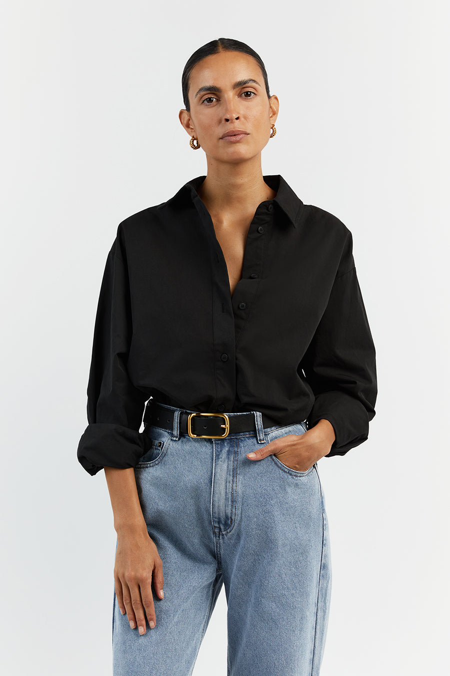 SHAE BLACK COTTON SLEEVED SHIRT