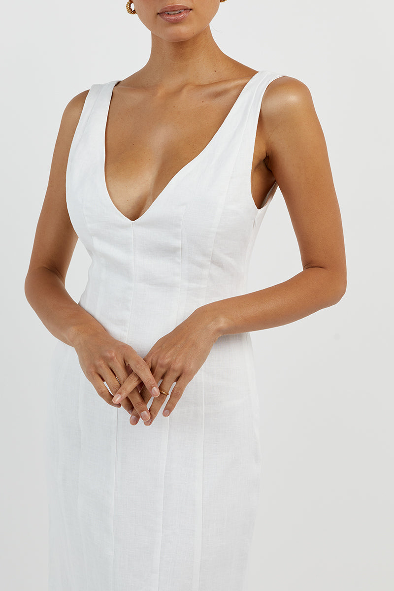 MILAHN WHITE LINEN V NECK DRESS