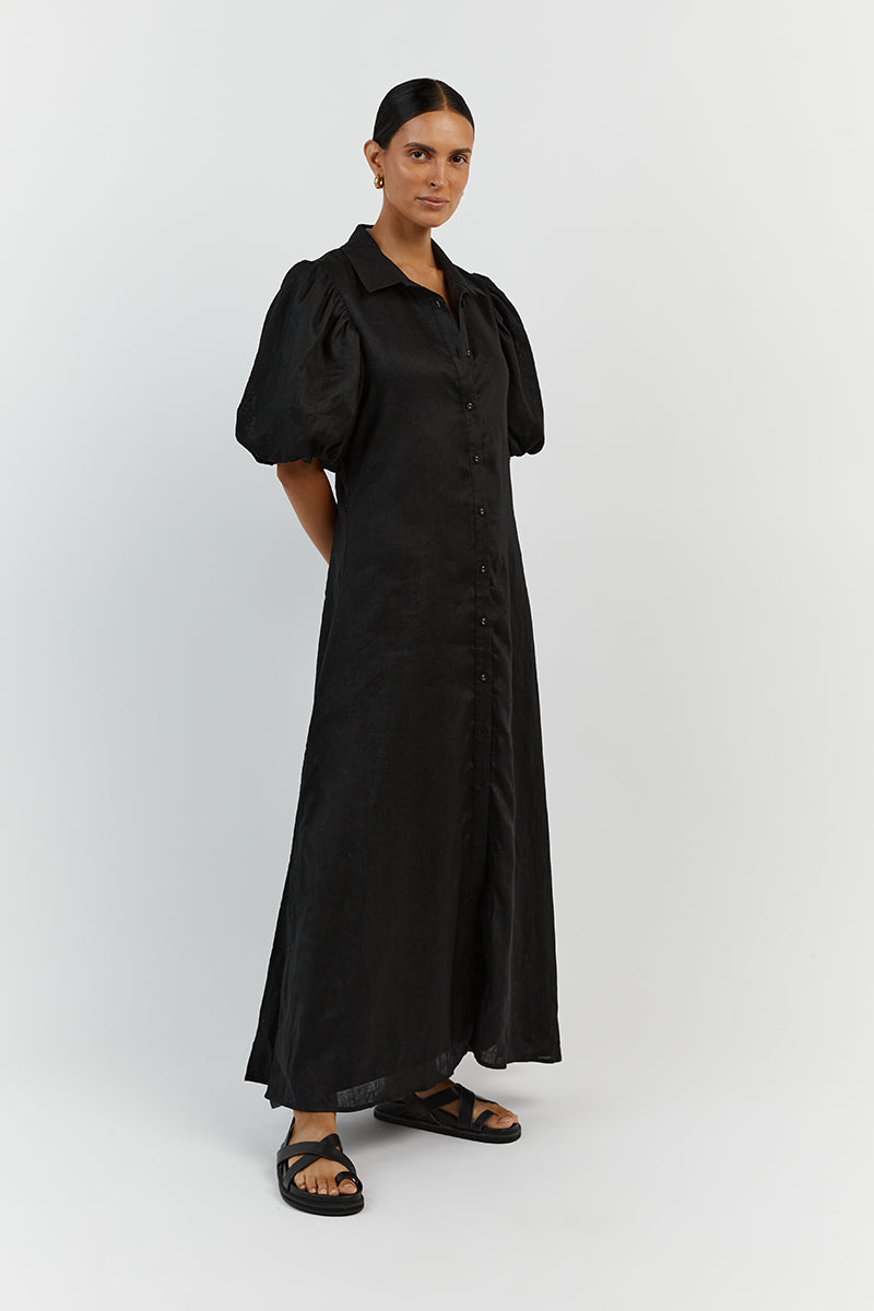 RAE BLACK LINEN SHIRT MIDI DRESS