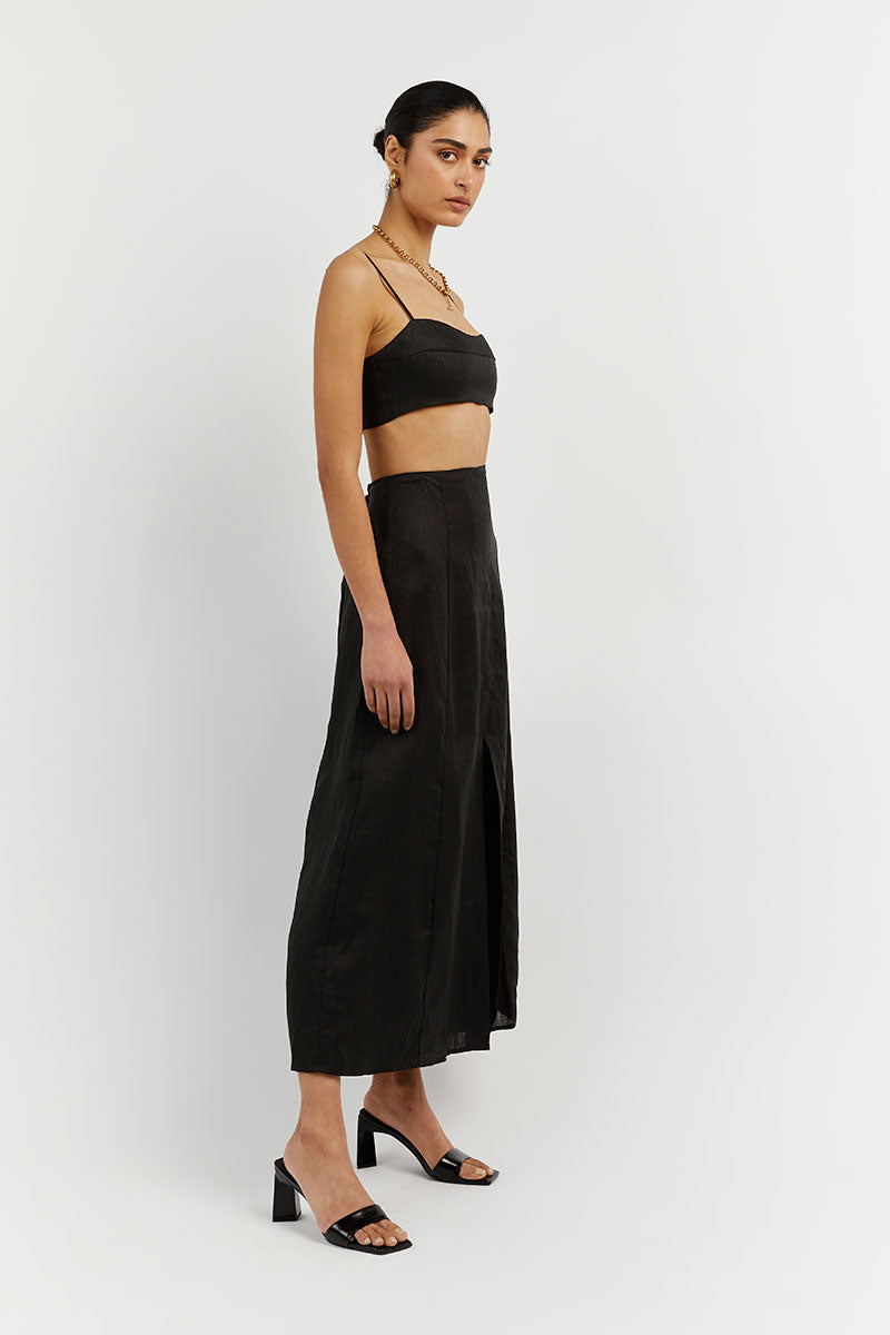 VIENNA BLACK LINEN CURVED CROP TOP