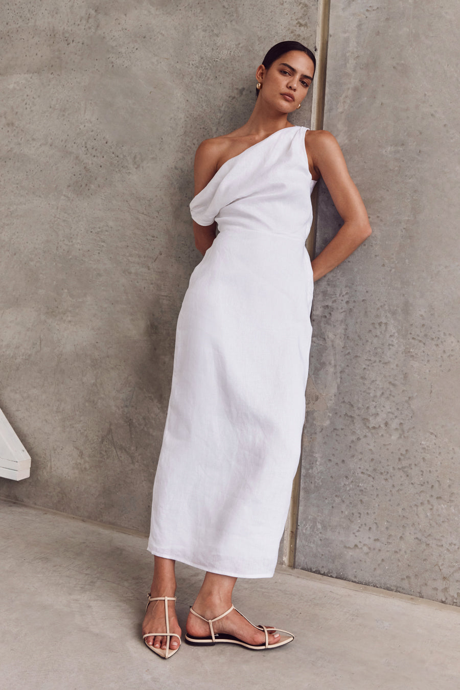 CASS WHITE ASYM LINEN MIDI DRESS