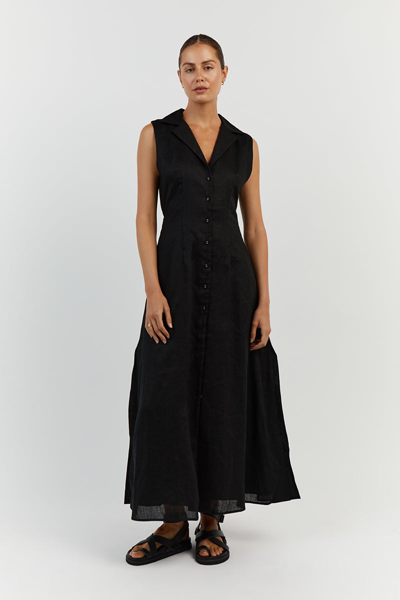 DREW BLACK LINEN SLEEVELESS DRESS