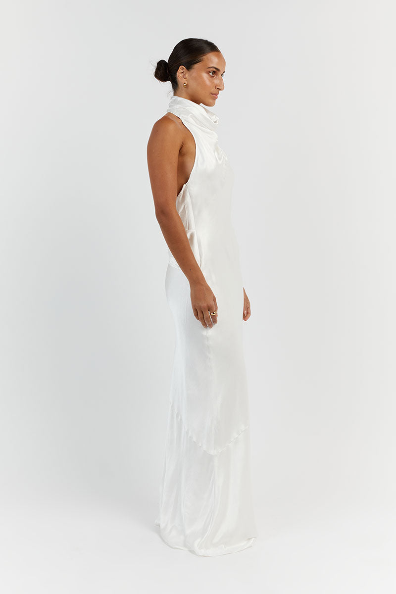 AISLE WHITE SATIN BACKLESS MIDI DRESS