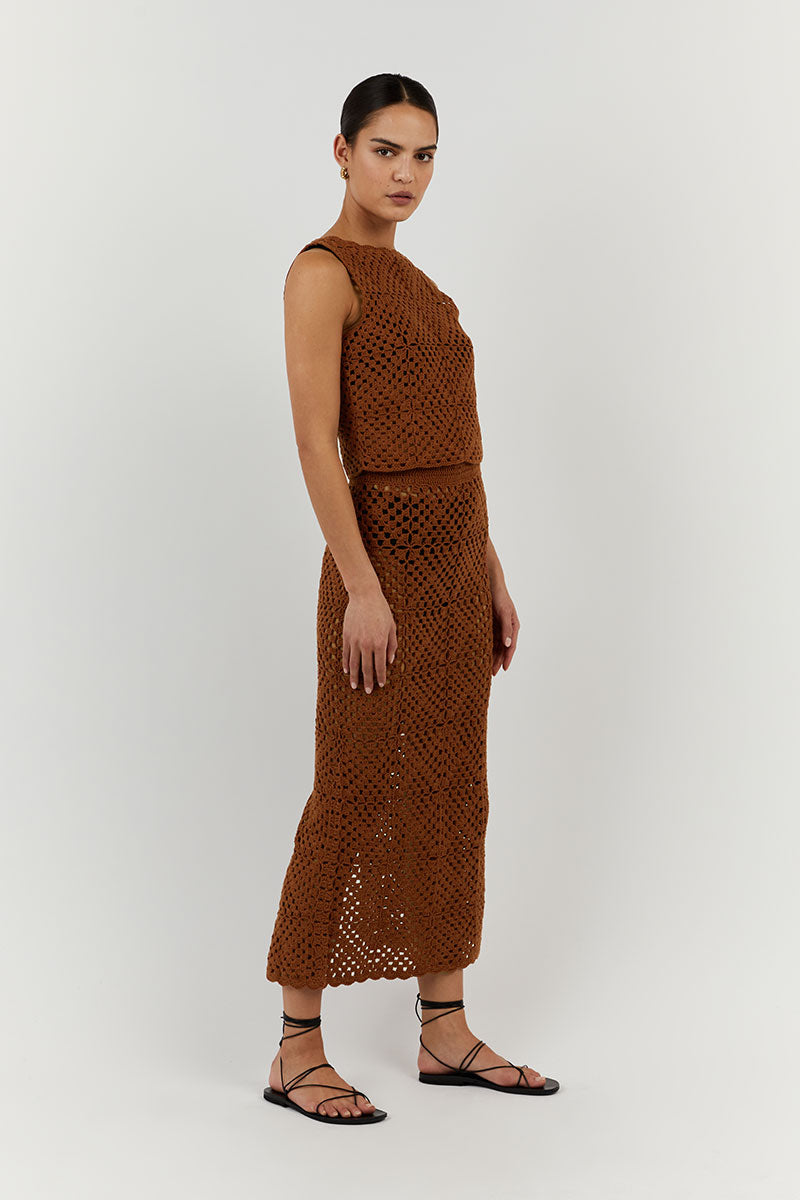 CLOVER TAN CROCHET MIDI SKIRT