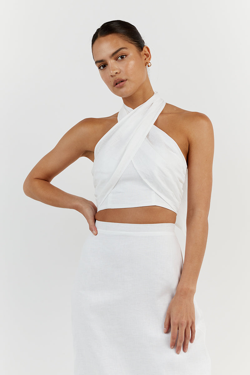 GINA WHITE LINEN HALTER CROP TOP