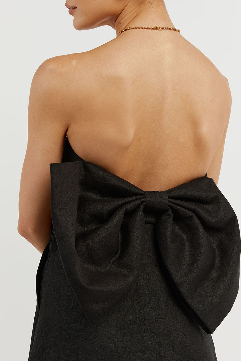 AISLE BLACK LINEN BACK BOW DRESS