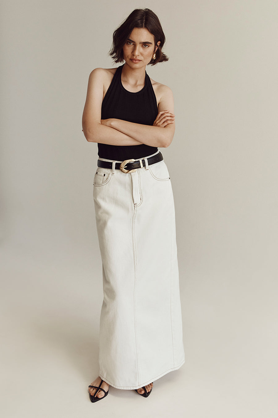 JOPLIN OFF WHITE DENIM MIDI SKIRT