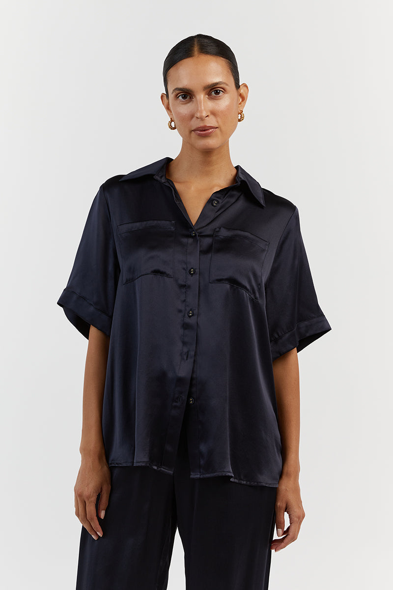 EVANS NAVY SILK VACATION SHIRT