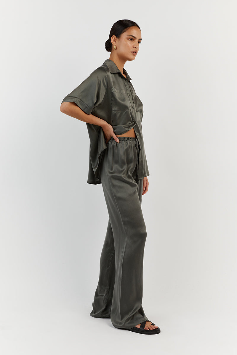 EVANS DARK OLIVE SILK VACATION SHIRT