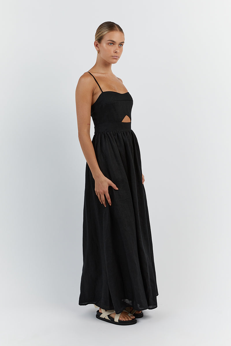 HARPER BLACK LINEN MIDI DRESS