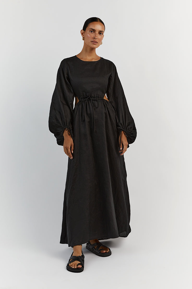 MOLLY BLACK LINEN MIDI DRESS