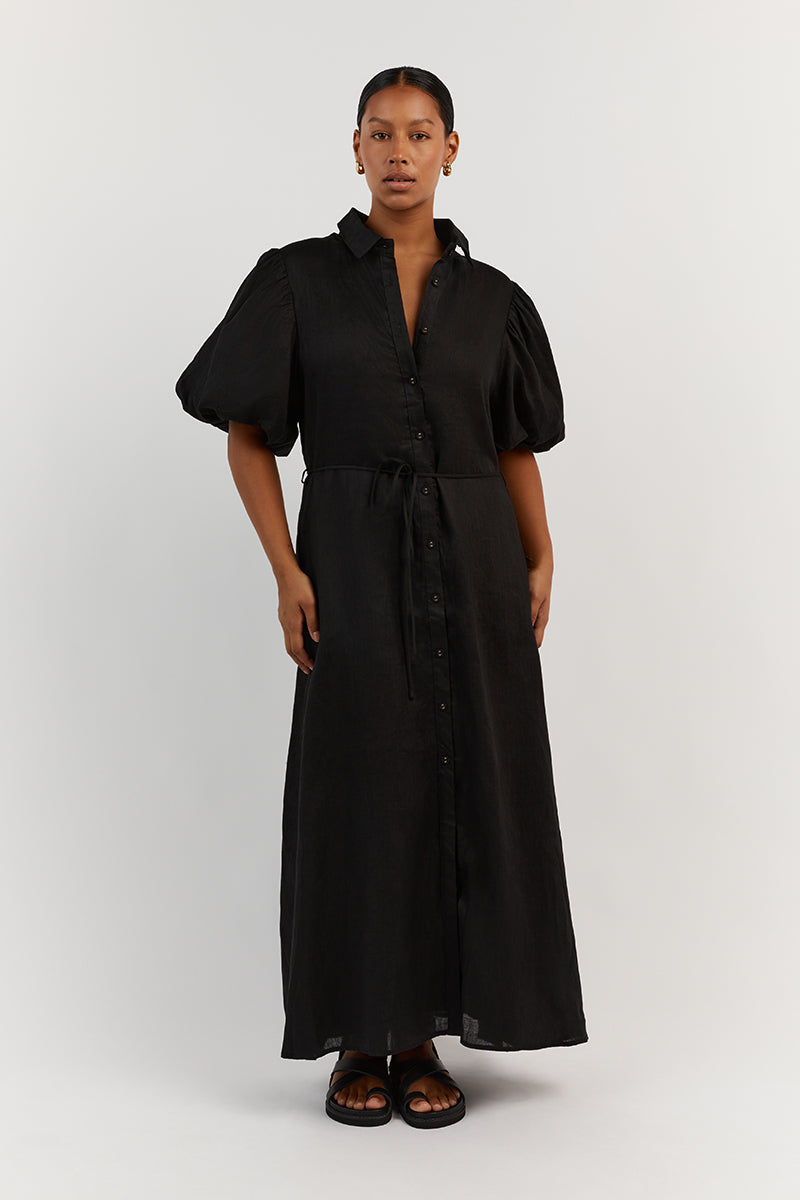 RAE BLACK LINEN SHIRT MIDI DRESS