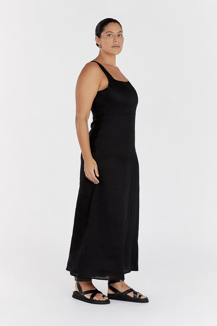 SHANNON BLACK LINEN MIDI DRESS