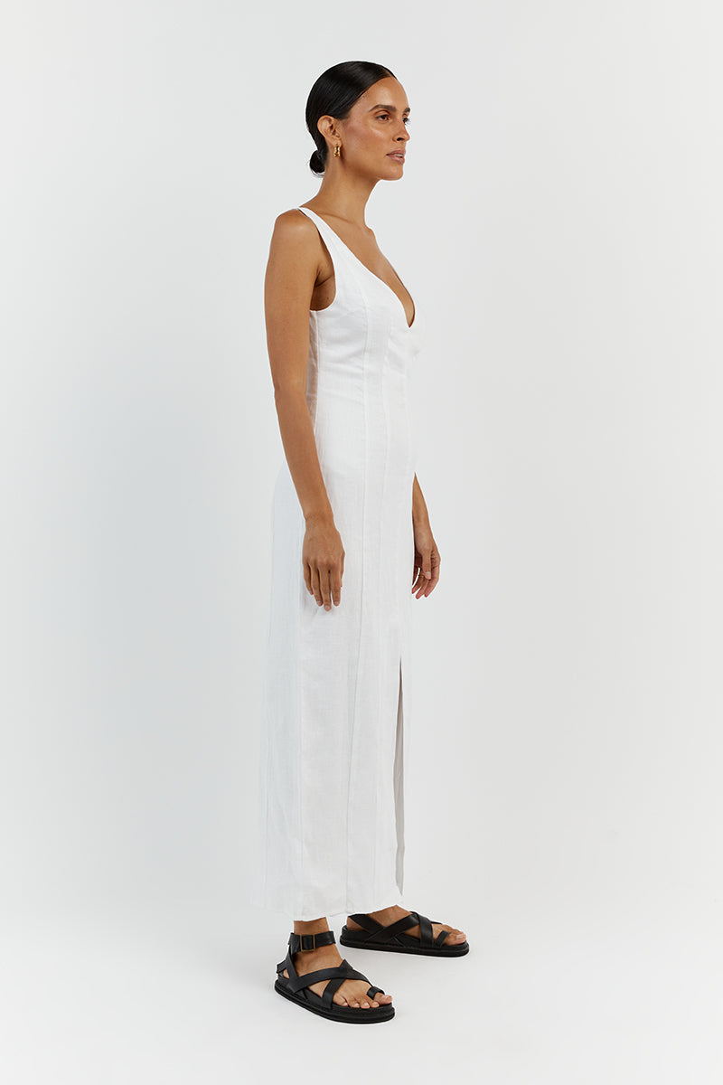 MILAHN WHITE LINEN V NECK DRESS