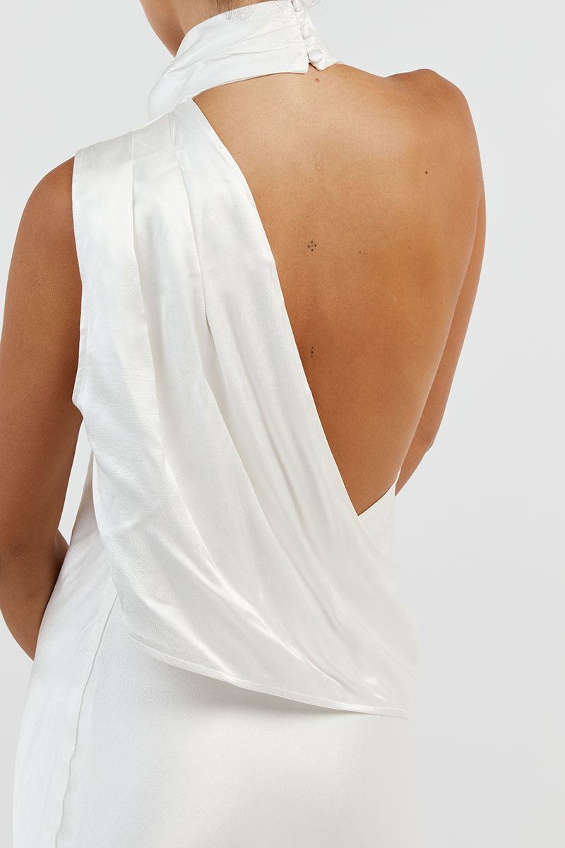 AISLE WHITE SATIN BACKLESS MIDI DRESS