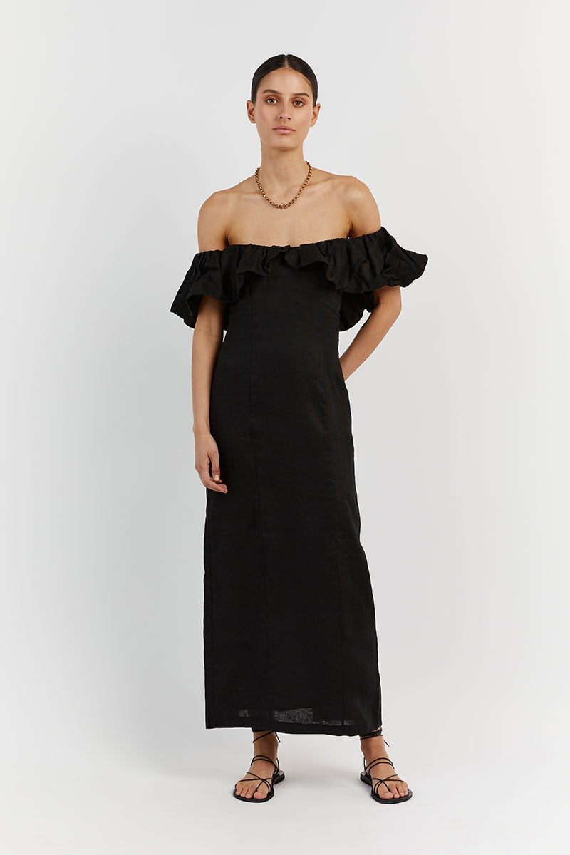 ISABELLE BLACK LINEN MIDI DRESS