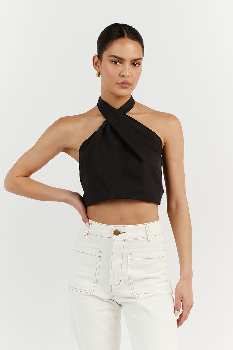OLIVIA BLACK COTTON HALTER TOP