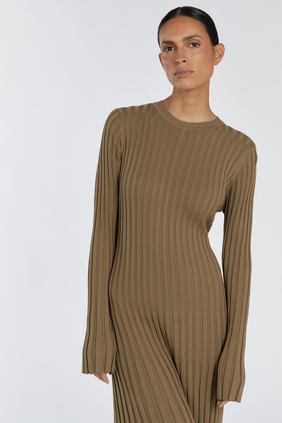 ADA KHAKI LONG SLEEVE MIDI DRESS