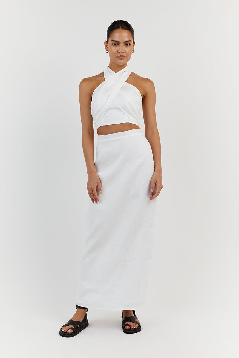 GINA WHITE LINEN HALTER CROP TOP