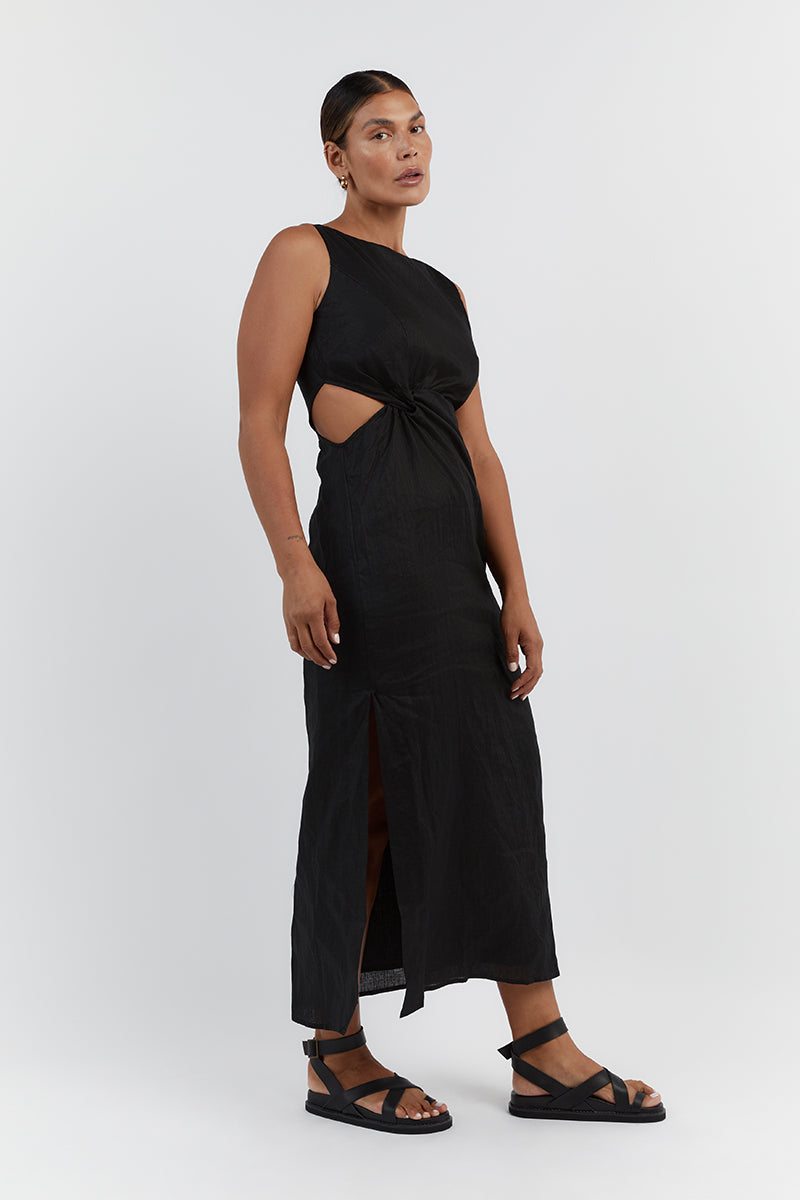 LEILANI BLACK LINEN MIDI DRESS