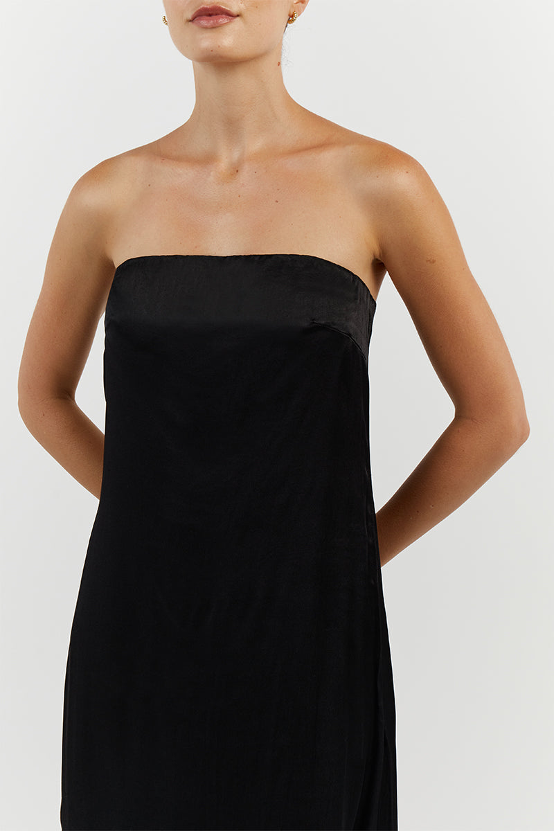 MIA BLACK STRAPLESS SATIN MIDI DRESS