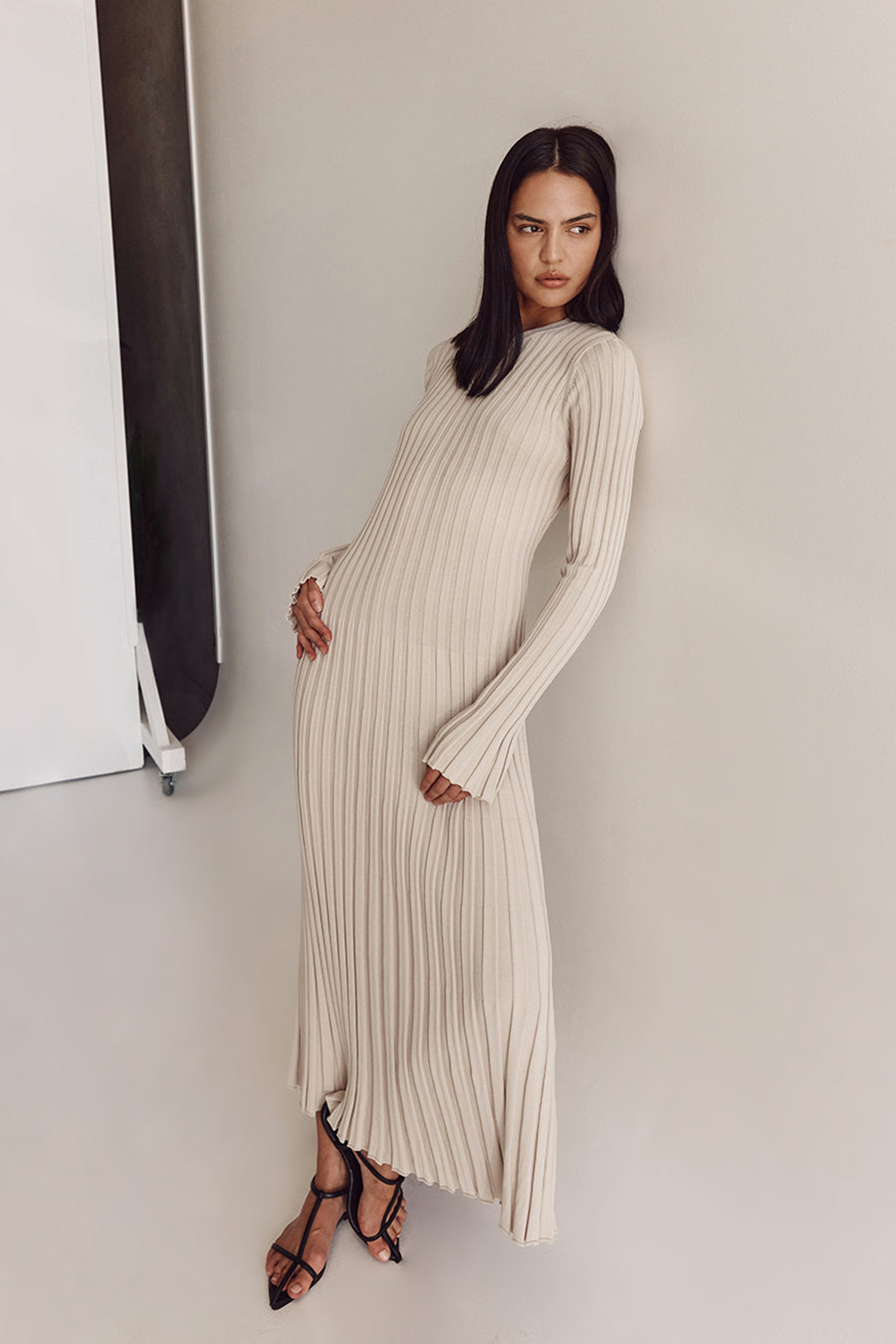 ADA STONE LONG SLEEVE MIDI DRESS