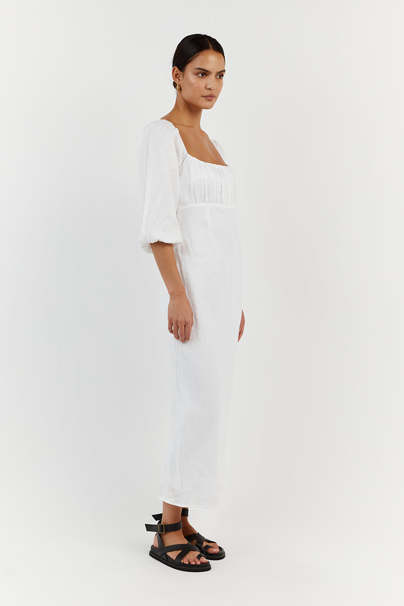 LILAH WHITE LINEN MIDI DRESS