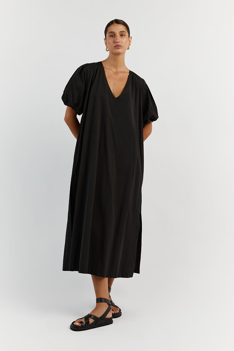 SKYLAR BLACK COTTON MIDI DRESS