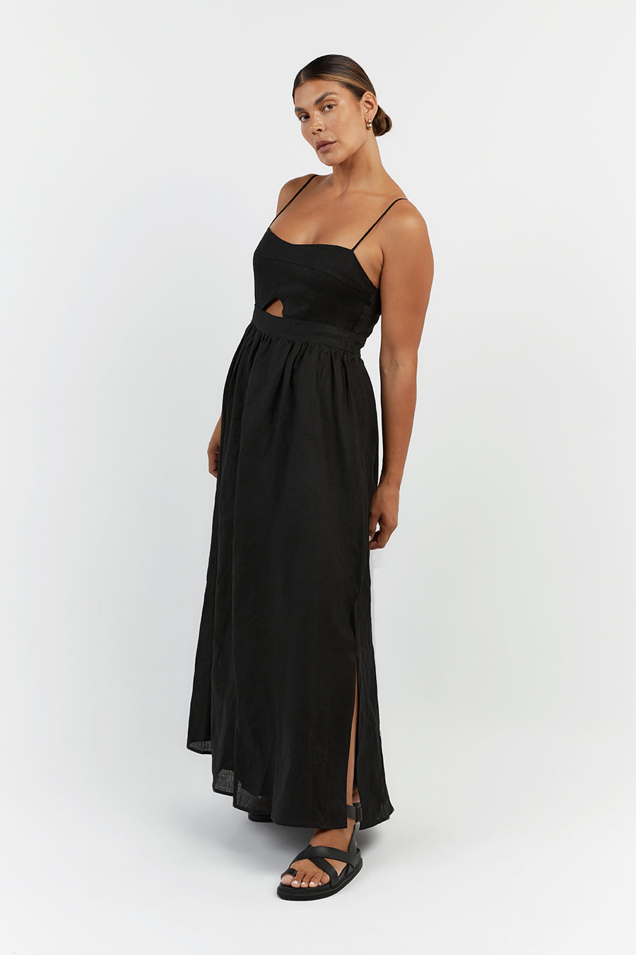 HARPER BLACK LINEN MIDI DRESS