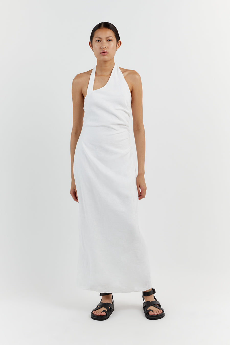 ZOEY WHITE ASYM LINEN MIDI DRESS