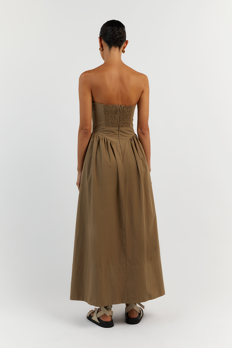 HYLAND COFFEE STRAPLESS MIDI DRESS