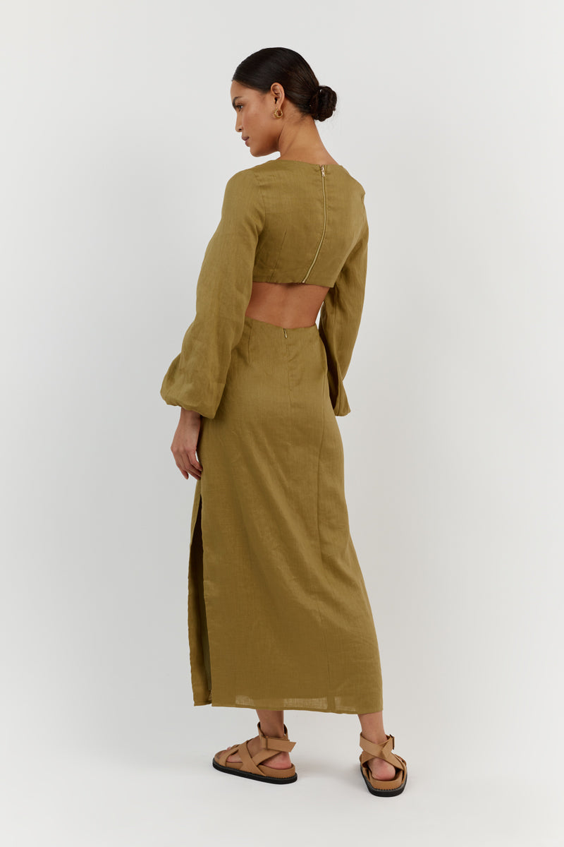 TINA OLIVE LINEN MIDI DRESS
