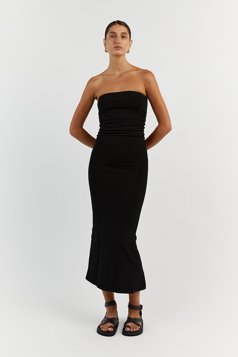 CARRIE BLACK RUCHED MIDI DRESS