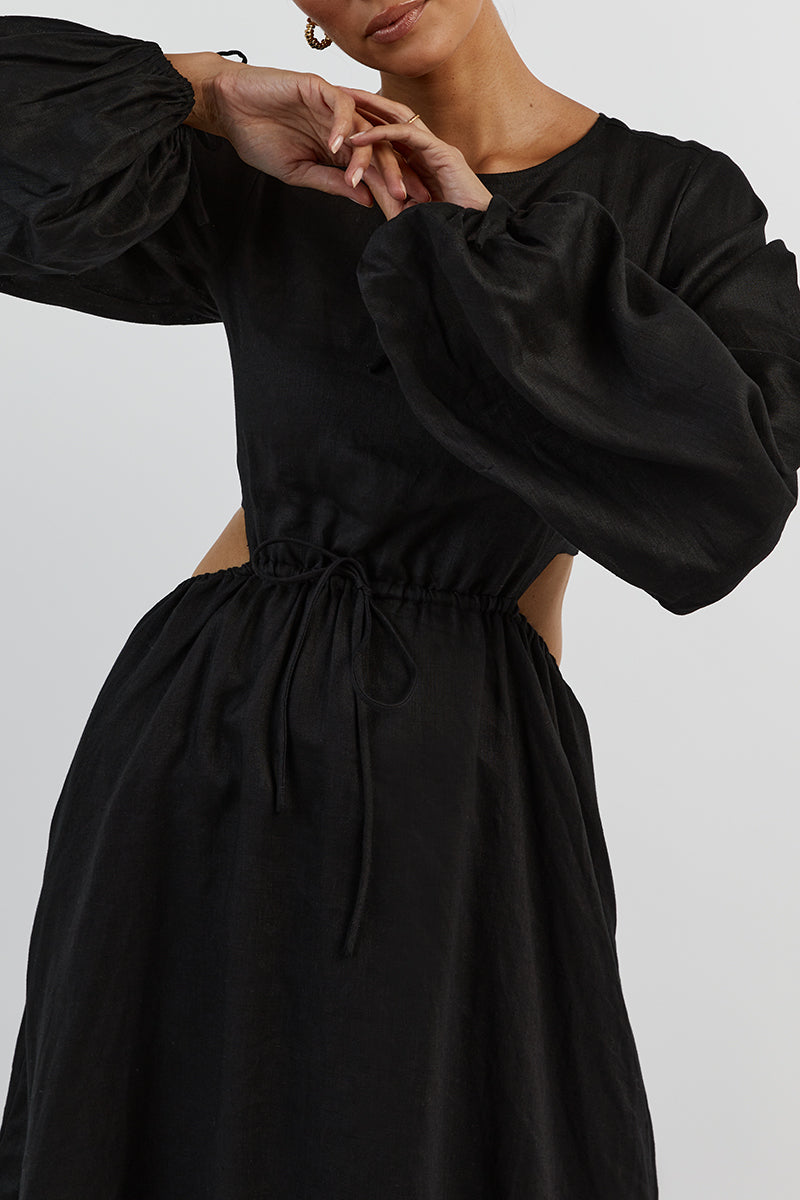 MOLLY BLACK LINEN MIDI DRESS