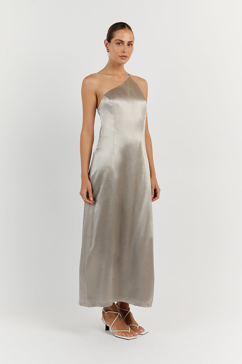 RIO PEWTER ONE SHOULDER MIDI DRESS