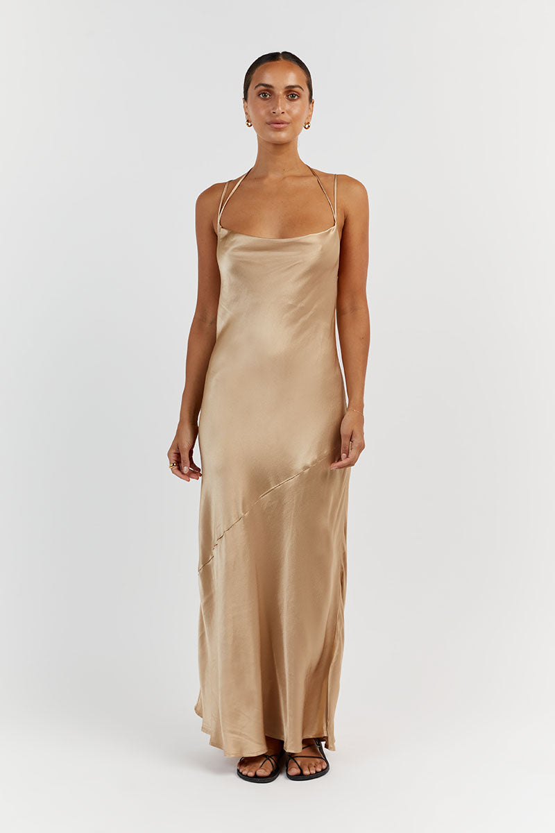 CHARLI GOLD SATIN MIDI DRESS
