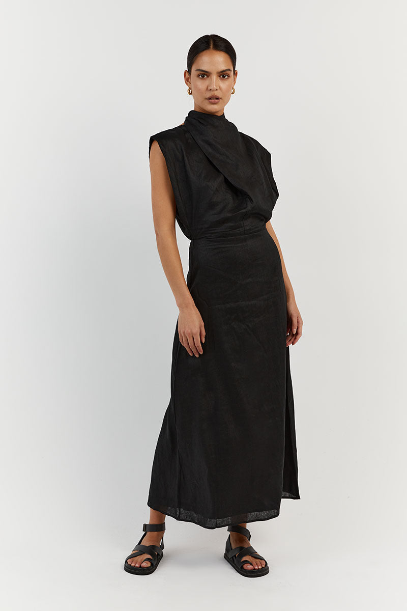 ALESSI BLACK LINEN MIDI DRESS