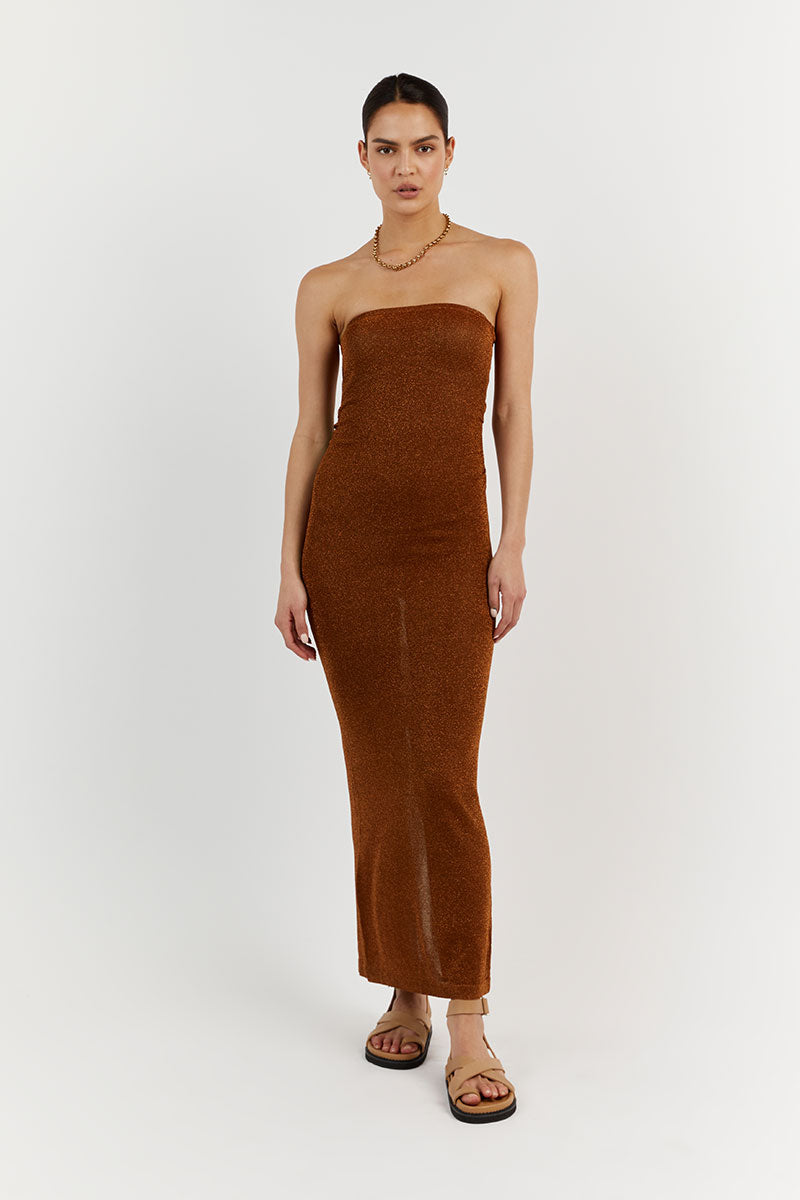 NICO BURNT ORANGE METALLIC MIDI DRESS