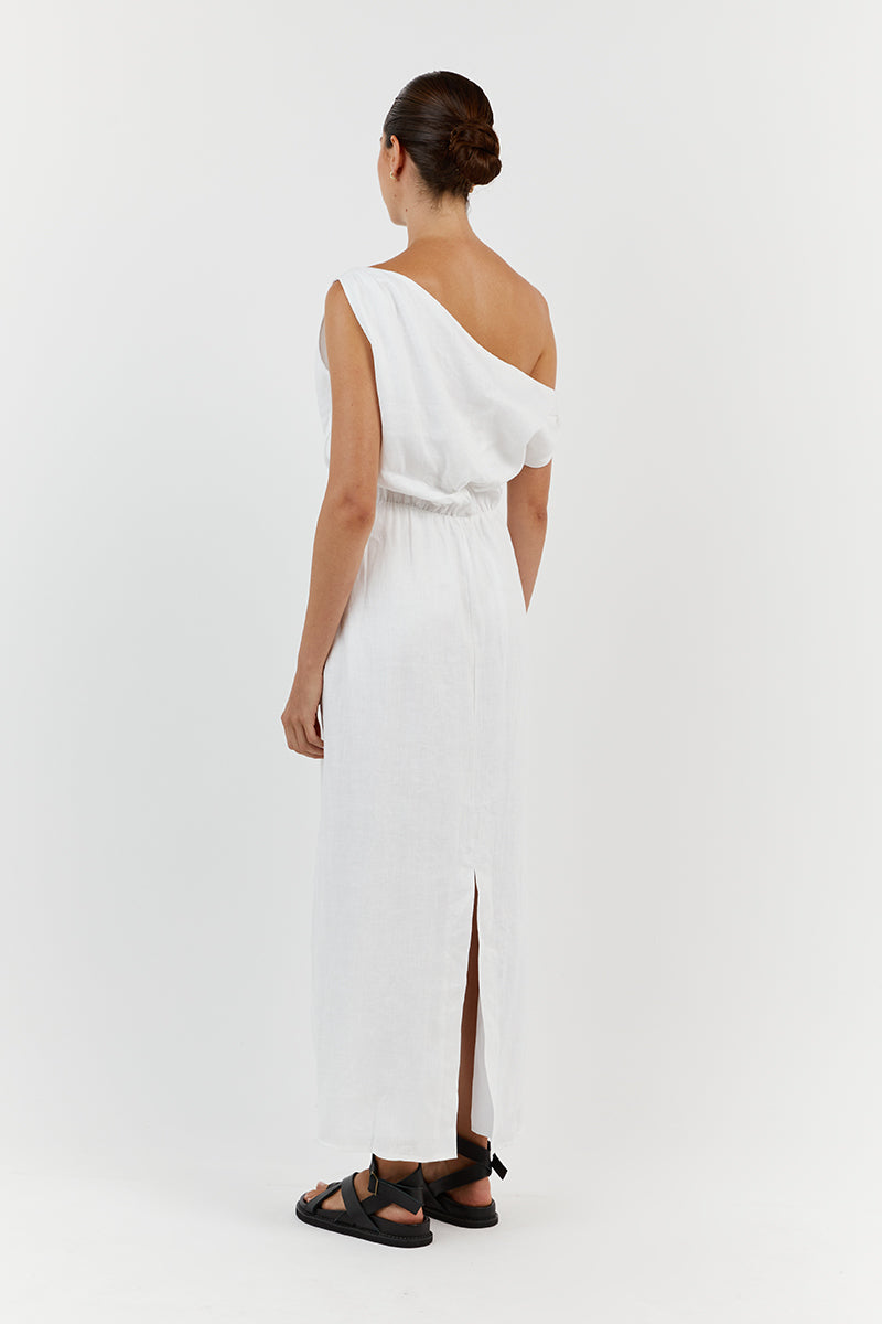 CASS WHITE ASYM LINEN MIDI DRESS