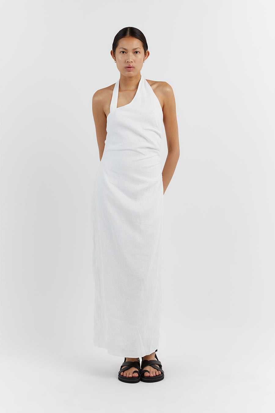 ZOEY WHITE ASYM LINEN MIDI DRESS