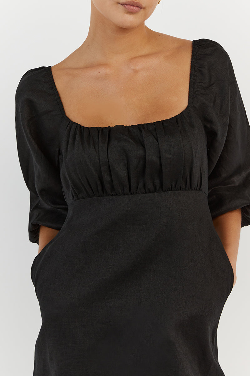 LILAH BLACK LINEN MINI DRESS