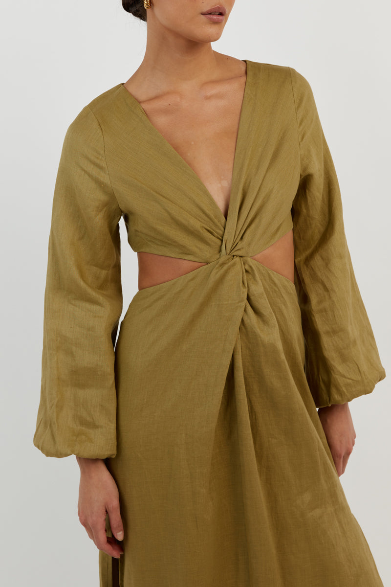 TINA OLIVE LINEN MIDI DRESS