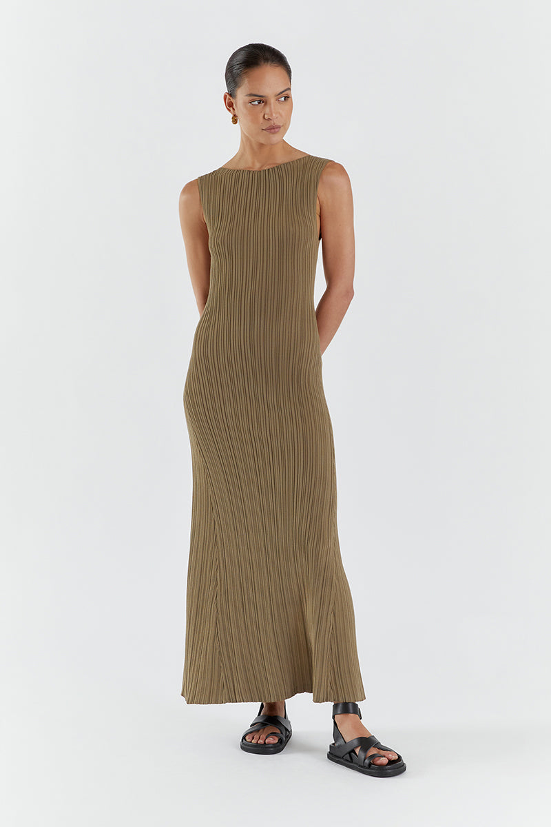 IVY KHAKI S/LESS MIDI DRESS