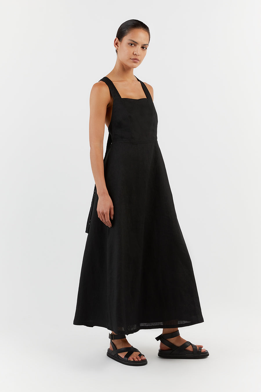ZADIE BLACK APRON LINEN MIDI DRESS
