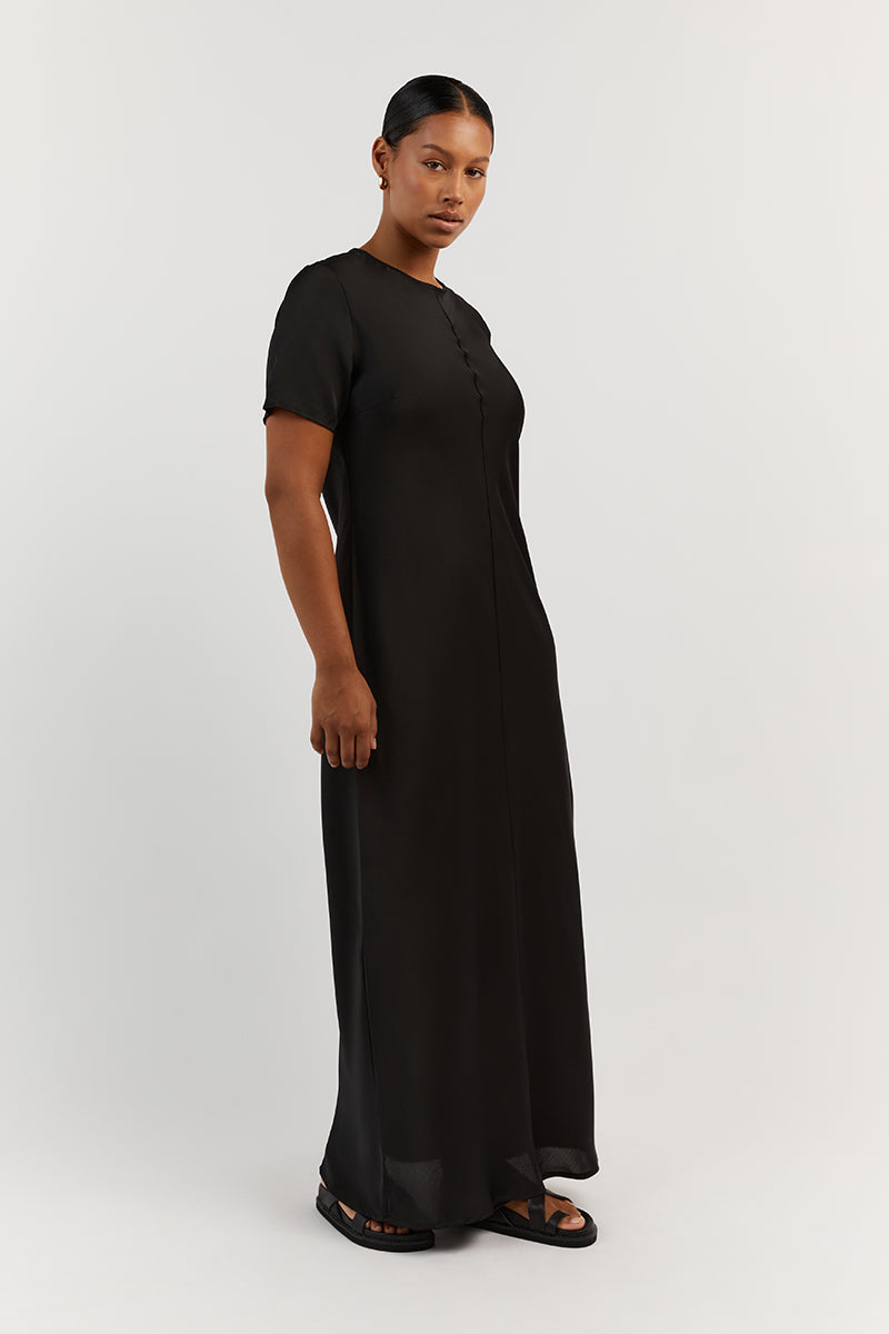 BLOOM BLACK SATIN SLEEVE MIDI DRESS