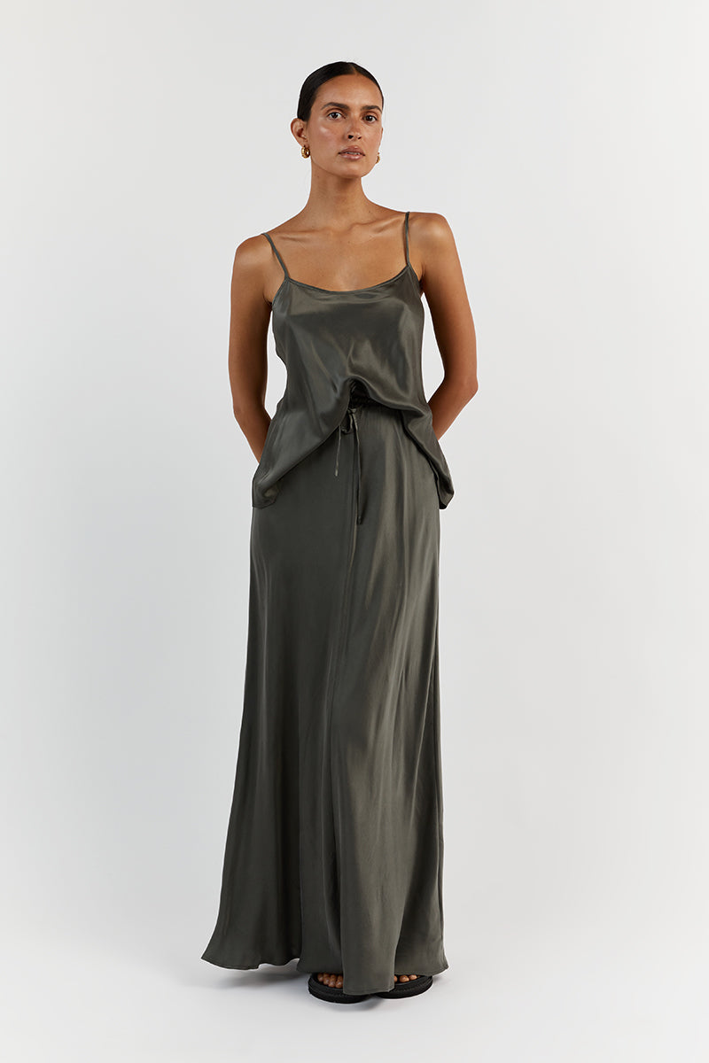 LAYLA DARK OLIVE SILK MIDI SKIRT