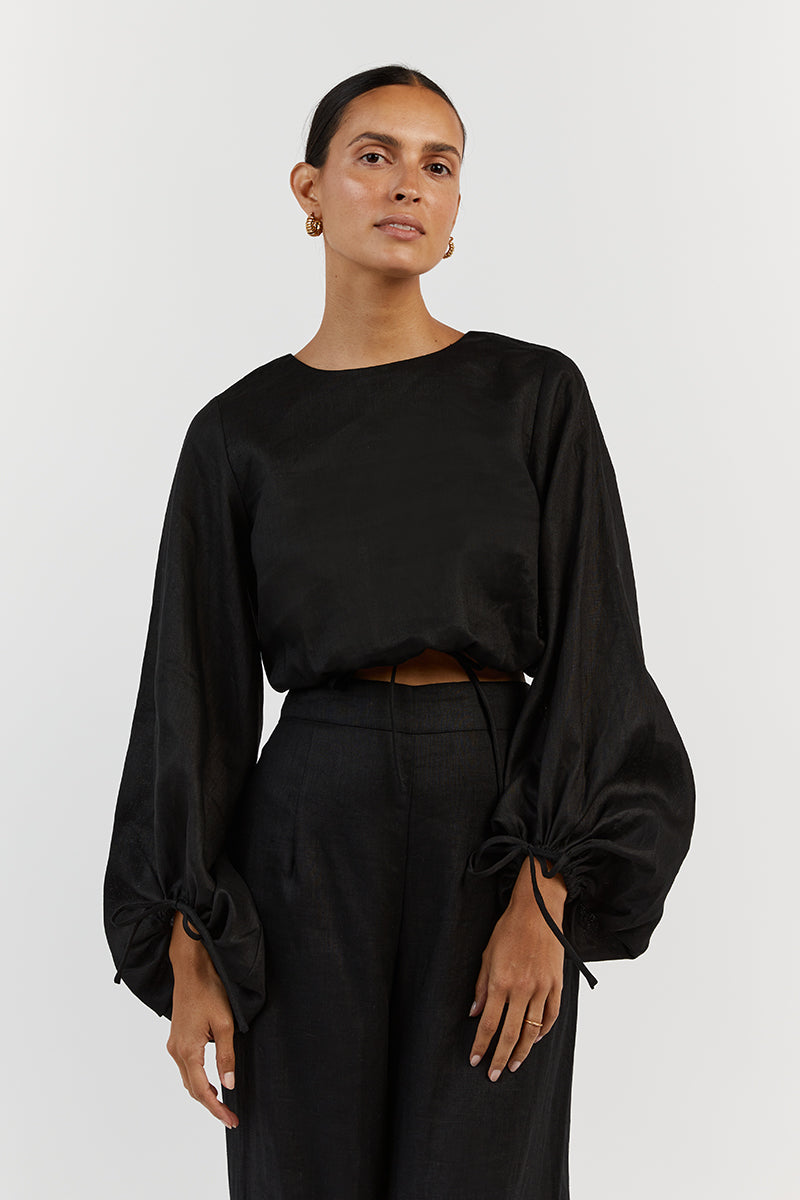 MOLLY BLACK LINEN CROP TOP