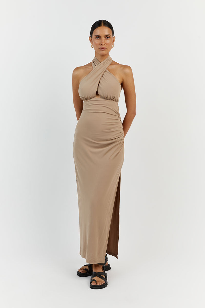 AMALFI TAUPE HALTER MIDI DRESS
