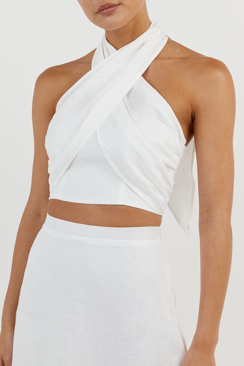 GINA WHITE LINEN HALTER CROP TOP