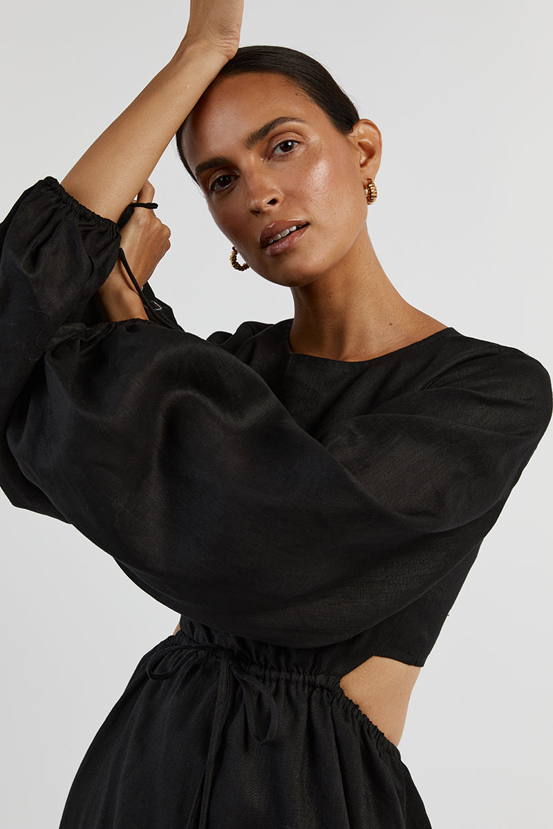 MOLLY BLACK LINEN MINI DRESS